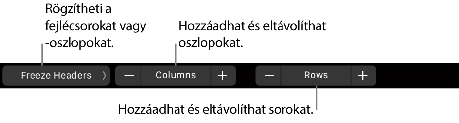 A MacBook Pro Touch Barja a fejlécsorok vagy -oszlopok rögzítésére, az oszlopok hozzáadására és eltávolítására, valamint a sorok hozzáadására és eltávolítására szolgáló vezérlőkkel.