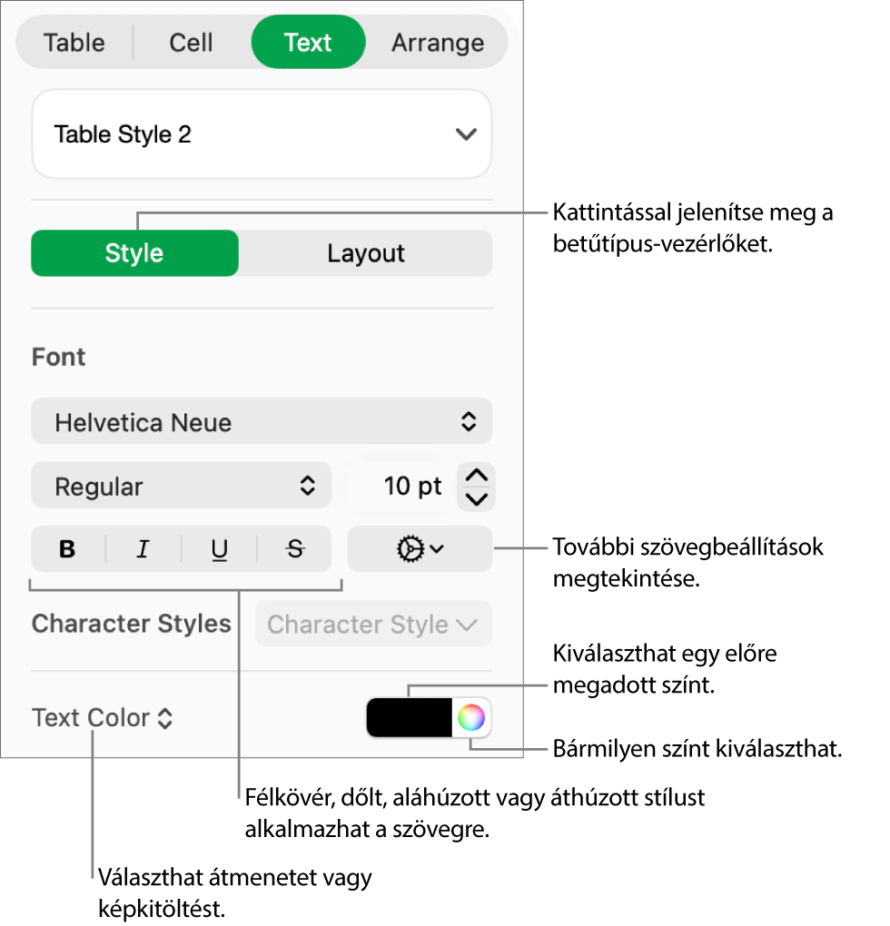 A táblázatszöveg stílusának beállítására szolgáló vezérlők.