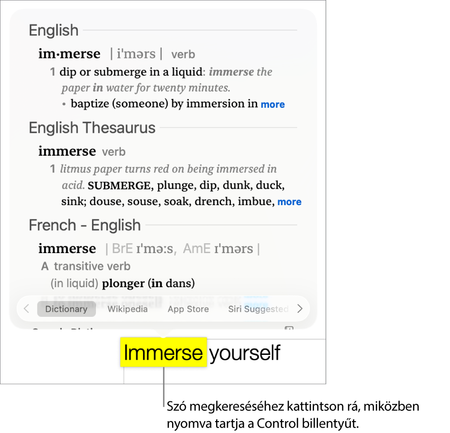Szöveg, amelyben egy szó ki van emelve, és egy ablak, amely a definíciót és a Wikipédia-bejegyzést jeleníti meg. Az ablak alján található három gomb a szótárra, a Wikipédiára és a Siri javasolt webhelyeire mutató hivatkozásokat tartalmazza.