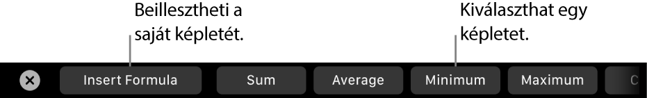 A MacBook Pro Touch Barja a saját képlet beszúrására és a gyakran használt képletek kiválasztására szolgáló vezérlőkkel.