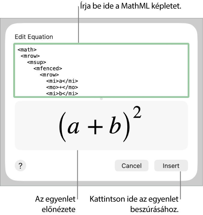 Egy egyenes lejtésének egyenlete az Egyenlet szerkesztése mezőben és az egyenlet előnézete alul.