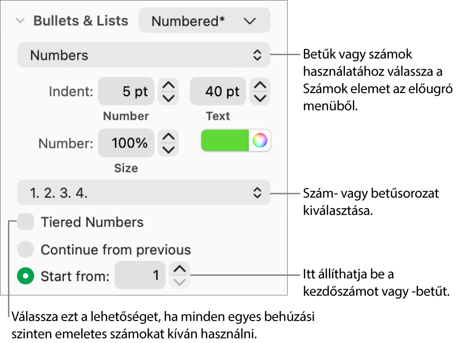 Lista számstílusának és térközének módosítására szolgáló vezérlők.