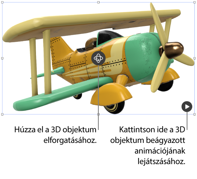Egy 3D-objektum, az objektum közepén a forgatás gombbal, és a jobb alsó sarokban a lejátszás gombbal.
