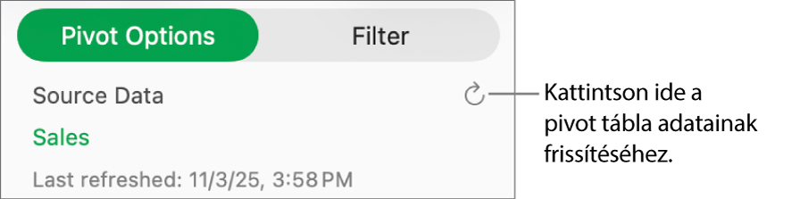 A Kimutatás beállítások lap a kimutatás frissítésének lehetőségével.