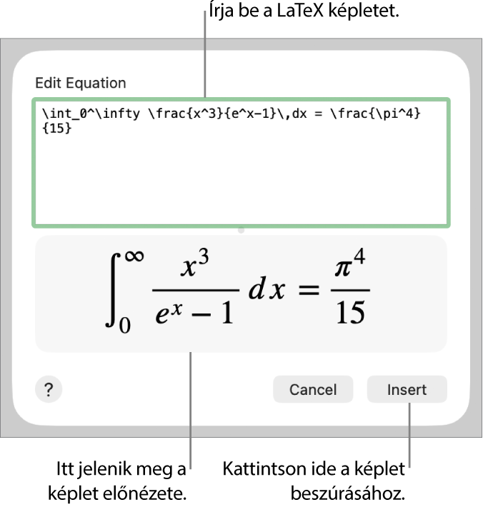 A LaTeX használatával írt másodfokú egyenlet megoldóképlete az Egyenlet mezőben és az egyenlet előnézete alul.