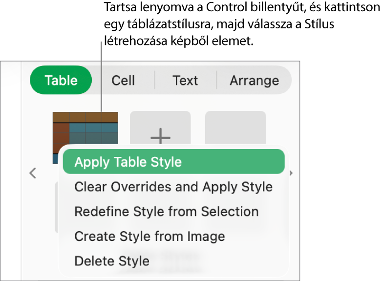 A Táblázatstílus helyi menü.