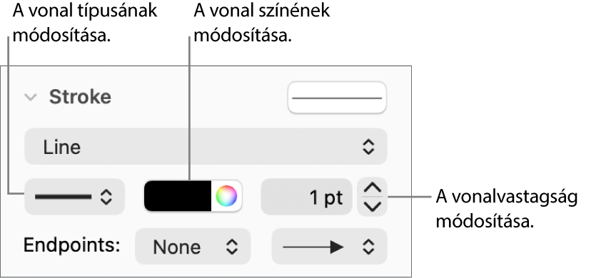 A végpontok, a vonalvastagság és a szín vonásvezérlői.