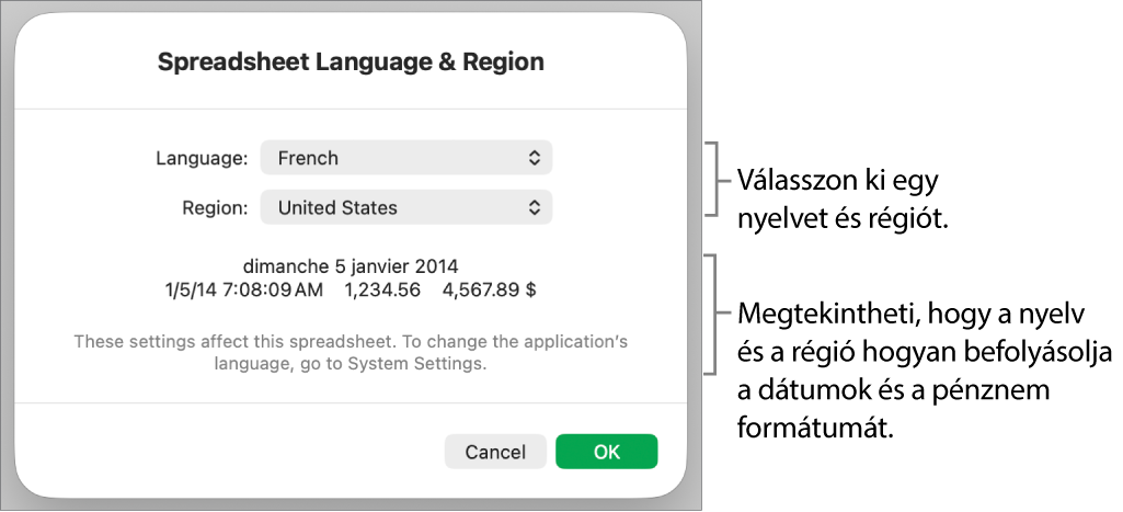 A Nyelv és régió panel a nyelv és régió vezérlőivel és egy formátum példával (ide értve: dátum, idő, tizedes és valuta).