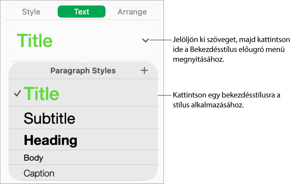A Bekezdésstílusok menü.