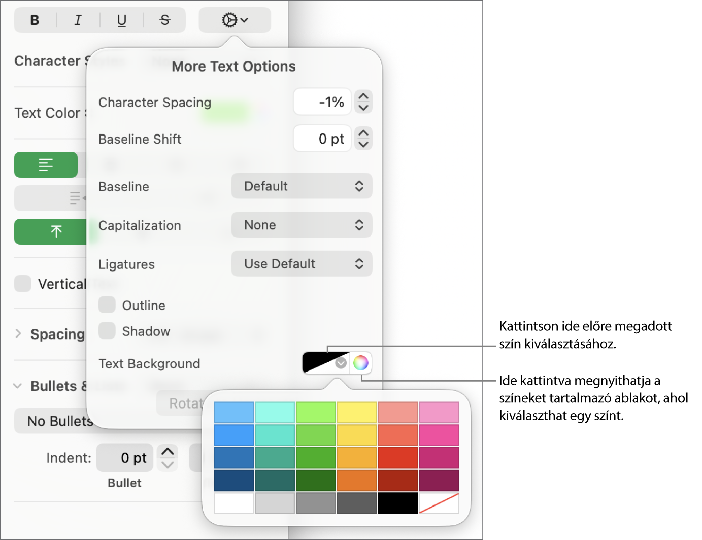 A karakterkitöltés kiválasztására szolgáló vezérlők.
