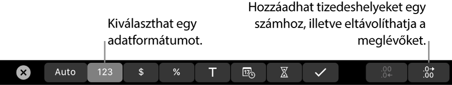 A MacBook Pro Touch Barja az adatok formátumának kiválasztására, illetve egy szám tizedeshelyeinek hozzáadására és eltávolítására szolgáló vezérlőkkel.