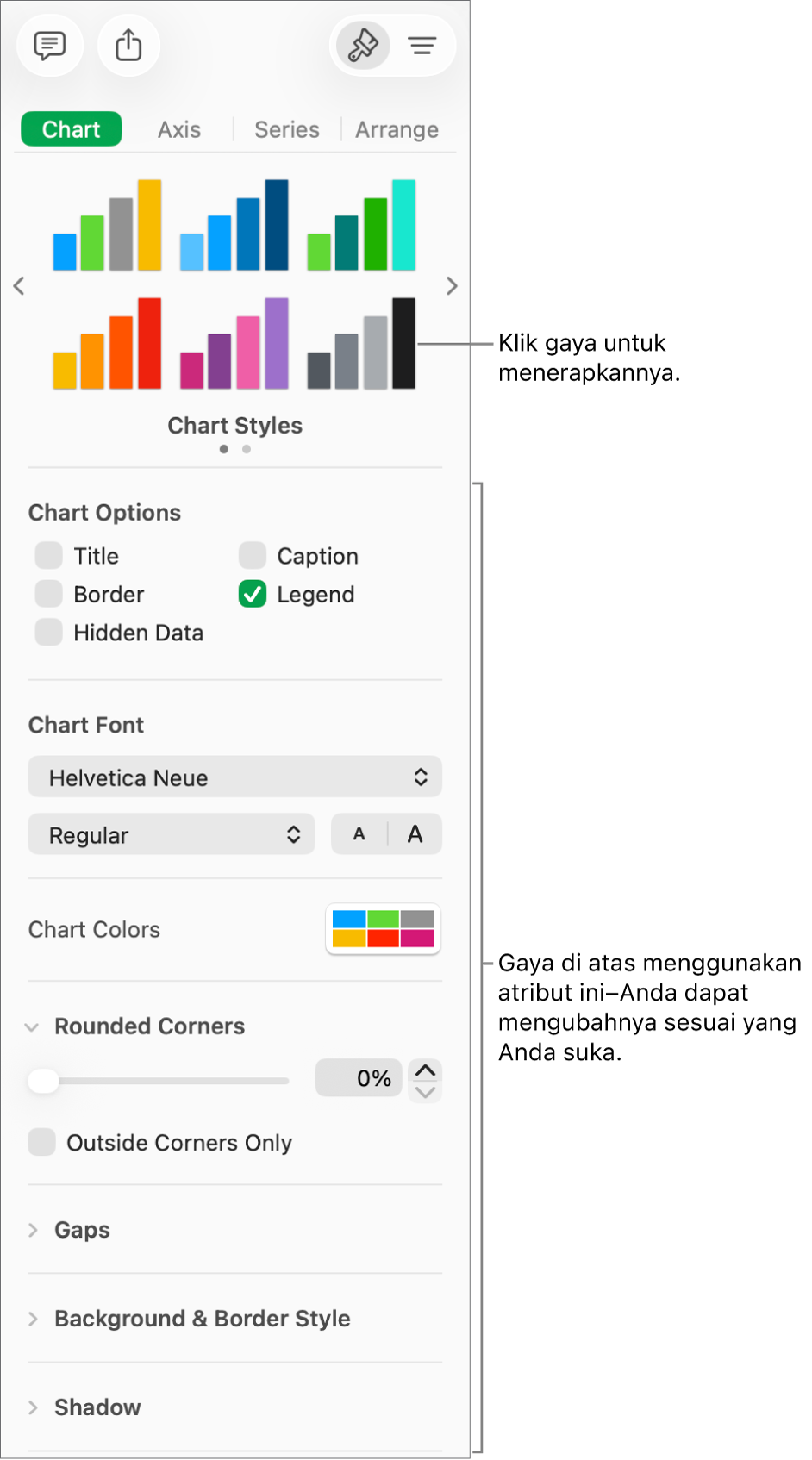 Bar samping Pemformatan menampilkan kontrol untuk bagan pemformatan.