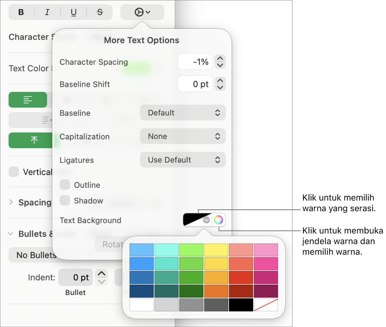 Kontrol untuk memilih isi karakter.