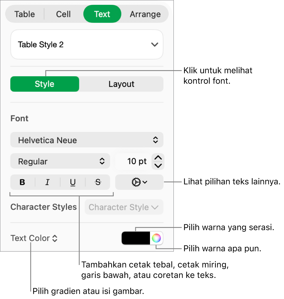 Kontrol untuk memberi gaya pada teks tabel.