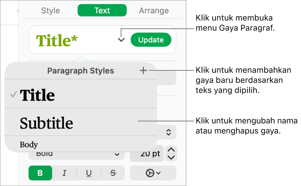 Menu Gaya Paragraf, menampilkan kontrol untuk menambahkan atau mengubah gaya.