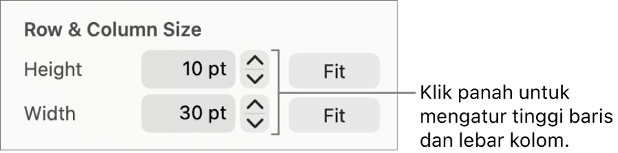 Kontrol untuk mengatur ketepatan ukuran baris atau kolom.