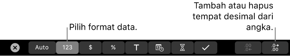 Touch Bar MacBook Pro dengan kontrol untuk memilih format data dan menambah atau menghapus tempat desimal untuk angka.