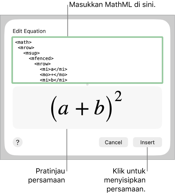Persamaan untuk kemiringan garis di bidang Edit Persamaan, dan pratinjau formula di bawah.
