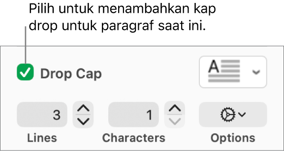 Kotak teks Kap Drop dipilih, dan menu pop-up muncul di kanannya; kontrol untuk mengatur tinggi garis, jumlah karakter, dan pilihan lainnya muncul di bawahnya.