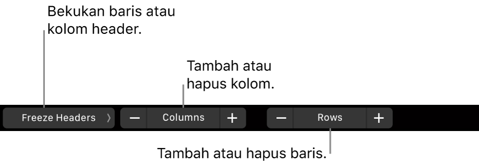 Touch Bar MacBook Pro dengan kontrol untuk membekukan baris atau kolom header, menambah atau menghapus kolom, dan menambah atau menghapus baris.