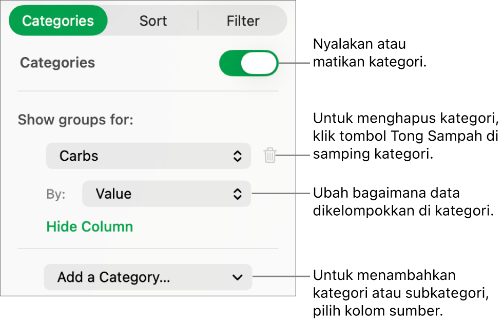 Bar samping kategori dengan pilihan untuk mematikan kategori, menghapus kategori, mengelompokkan ulang data, menyembunyikan kolom sumber, dan menambah kategori.