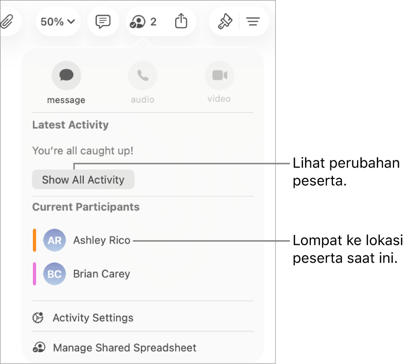 Menu kolaborasi dengan dua peserta saat ini terdaftar.