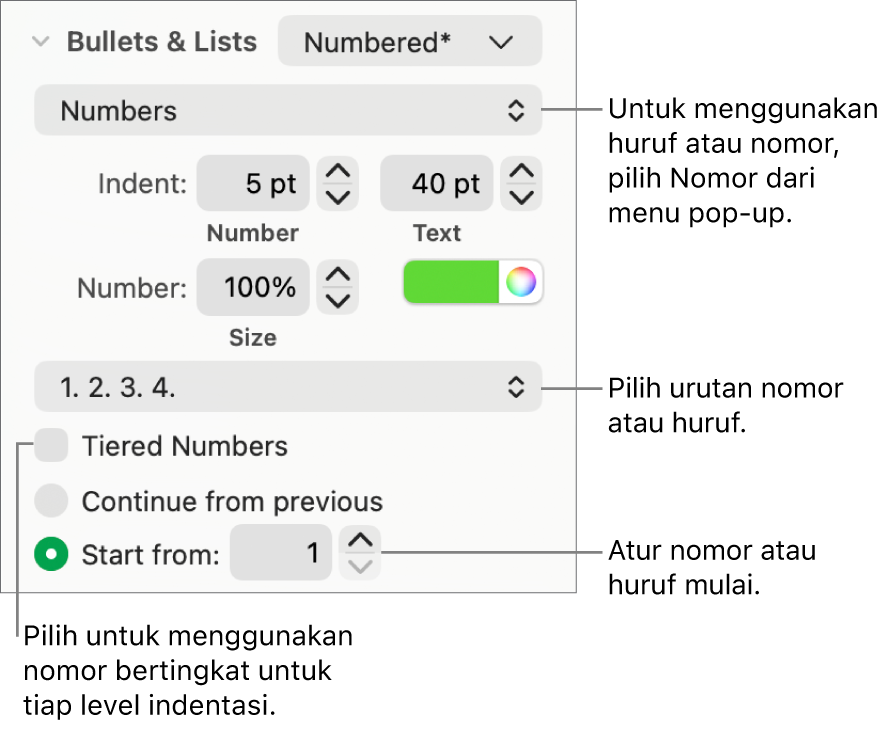Kontrol untuk mengubah gaya nomor dan spasi daftar.