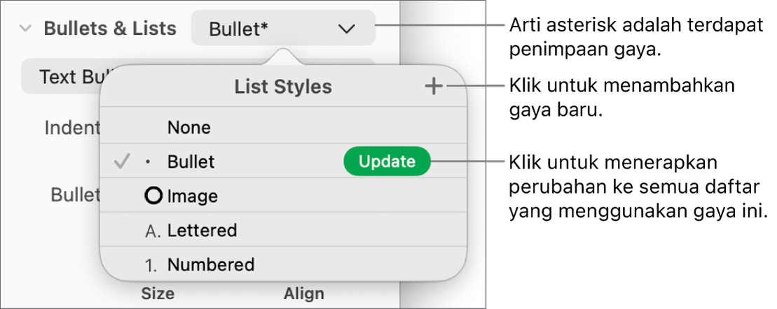 Menu pop-up Gaya Daftar dengan asterisk yang menunjukkan penimpaan, keterangan pada tombol Gaya Baru, dan submenu pilihan untuk mengelola gaya.