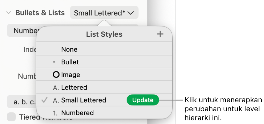 Menu pop-up Gaya Daftar dengan tombol Perbarui di samping nama gaya baru.