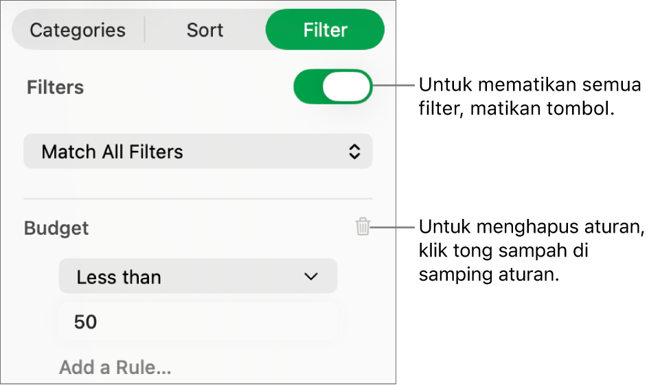 Kontrol untuk menghapus filter atau mematikan semua filter.