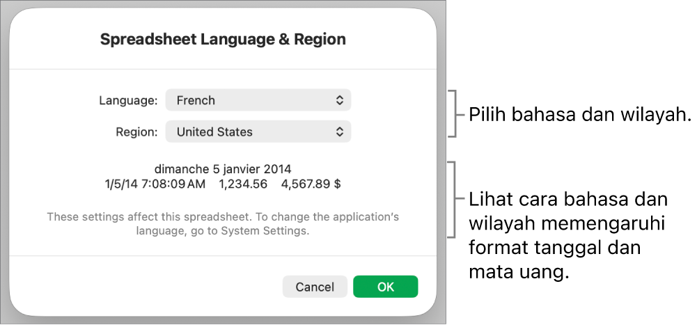 Panel Bahasa & Wilayah dengan kontrol untuk bahasa dan wilayah, serta contoh format termasuk tanggal, waktu, desimal, dan mata uang.