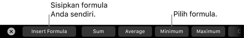 Touch Bar MacBook Pro dengan kontrol untuk menyisipkan formula Anda sendiri dan memilih formula yang umum digunakan.