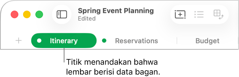 Tab lembar dengan titik menunjukkan bahwa tabel dalam lembar ini telah direferensikan dalam bagan yang datanya sedang Anda edit.