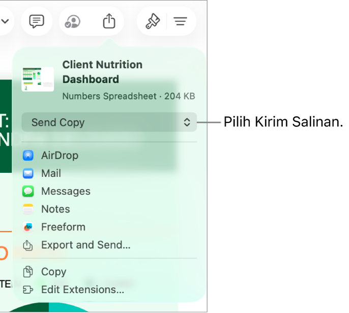 Menu Bagikan dengan Kirim Salinan dipilih di bagian atas.