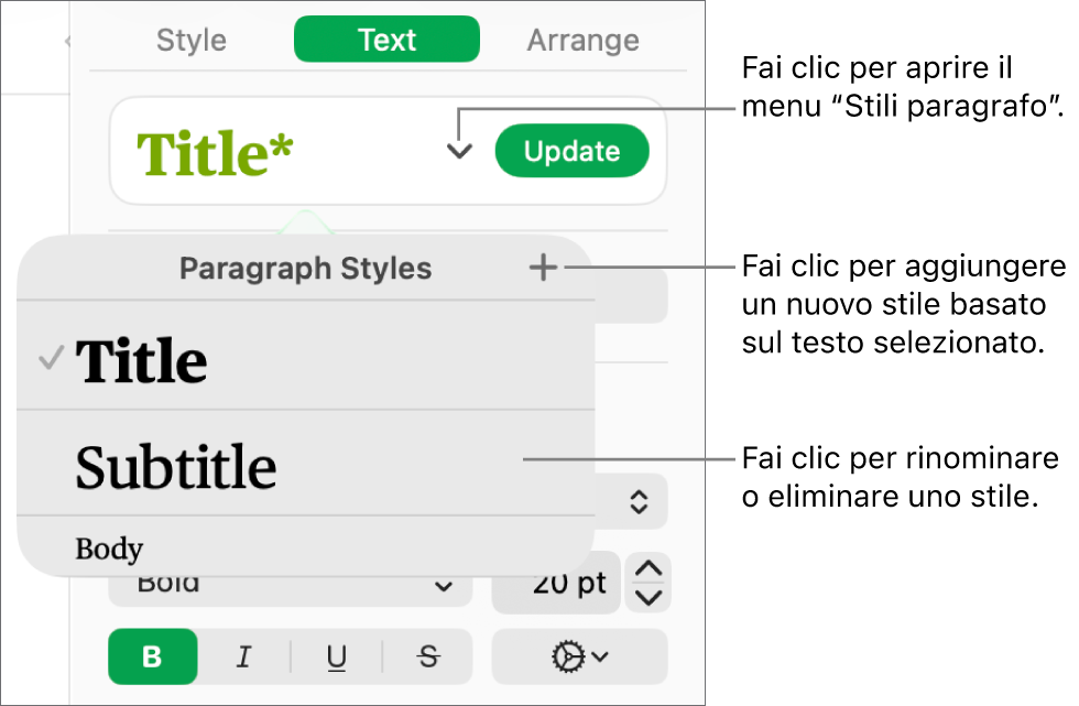 Il menu “Stili Paragrafo”, in cui vengono visualizzati i controlli per aggiungere o modificare uno stile.