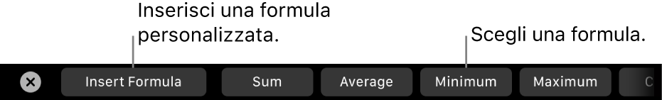 Touch Bar di MacBook Pro con i controlli per inserire le tue formule e per sceglierne una comunemente utilizzata.