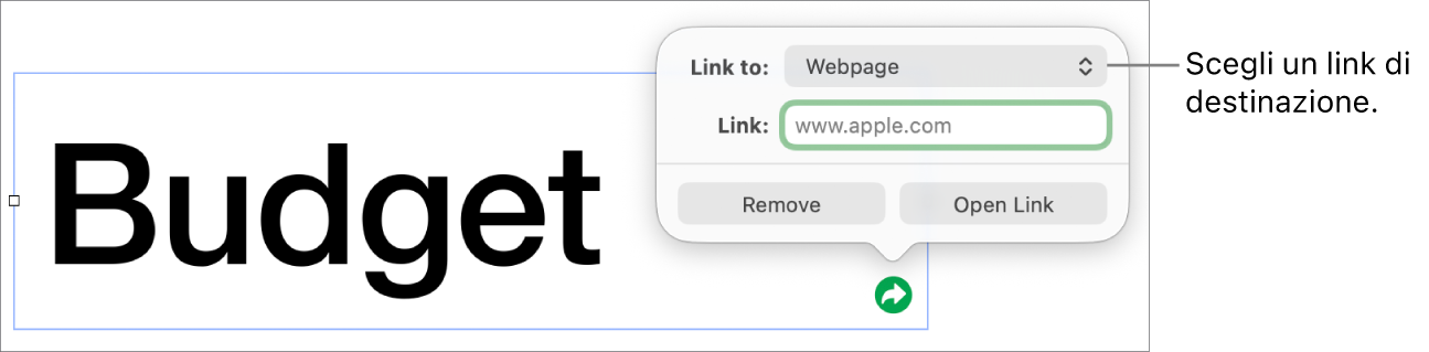 I controlli dell’editor dei link con la pagina web selezionata e con i pulsanti per rimuovere o aprire il link mostrati in basso.