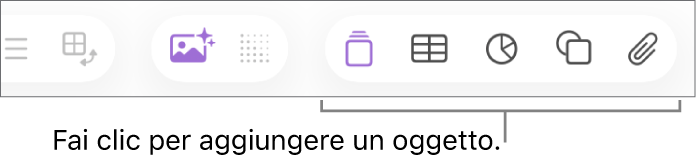 Finestra di Numbers con didascalie per i pulsanti degli oggetti nella barra strumenti.