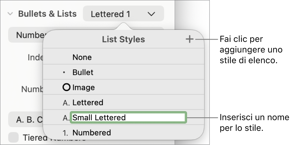 Menu a comparsa “Stili elenco” con un pulsante Aggiungi nell’angolo superiore destro e un nome di stile segnaposto con il suo testo selezionato.