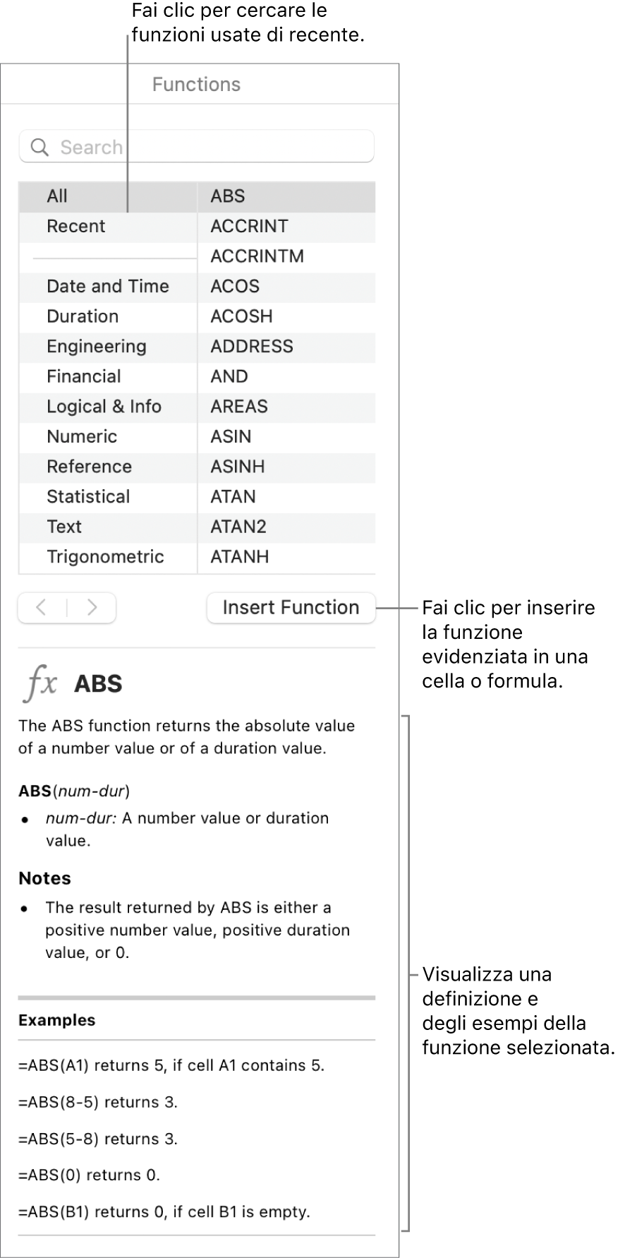 Browser funzioni con didascalie per le funzioni utilizzate di recente, il pulsante “Inserisci funzione” e la definizione della funzione.