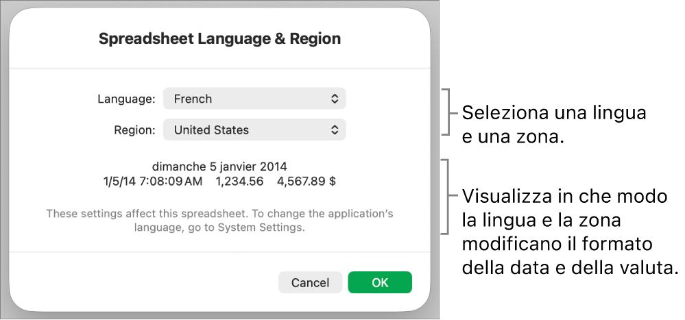 Il pannello Lingua e Zona con i controlli per lingua e zona e un esempio di formato che include data, ora, numeri decimali e valuta.