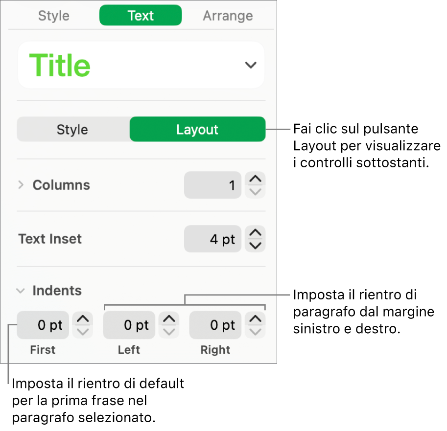 Sezione Layout della barra laterale Formattazione con i controlli per impostare il rientro della prima riga e i margini dei paragrafi.