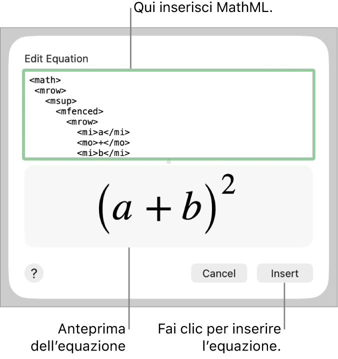 L’equazione del coefficiente angolare di una retta nel campo “Modifica equazione” e un’anteprima della formula sotto.