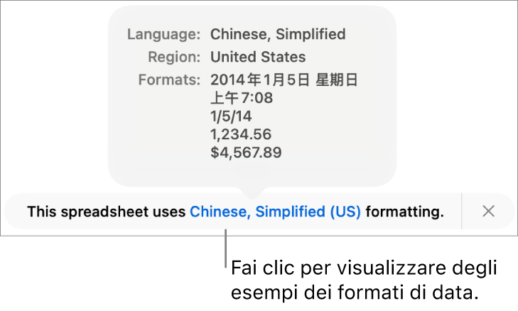 La notifica della diversa impostazione di lingua e zona, con esempi dei formati.