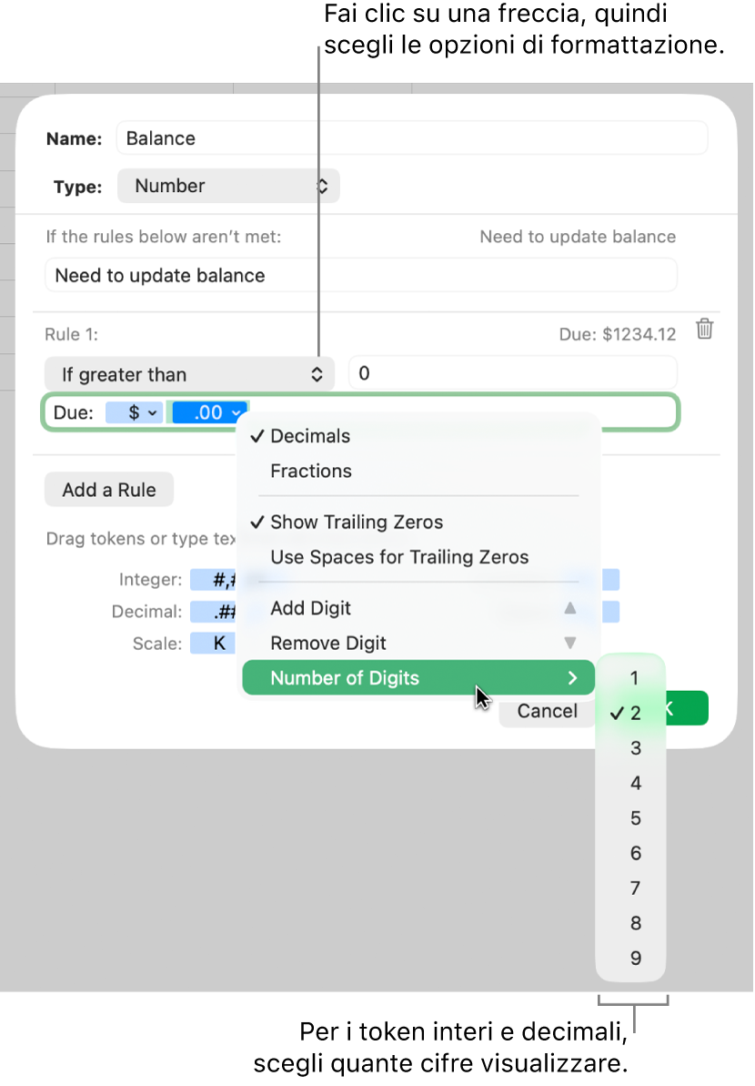 Finestra per la formattazione delle celle con controlli per scegliere opzioni di formattazione personalizzate.