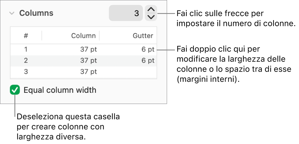 Controlli nella sezione Colonne per la modifica del numero di colonne e della larghezza di ogni colonna.