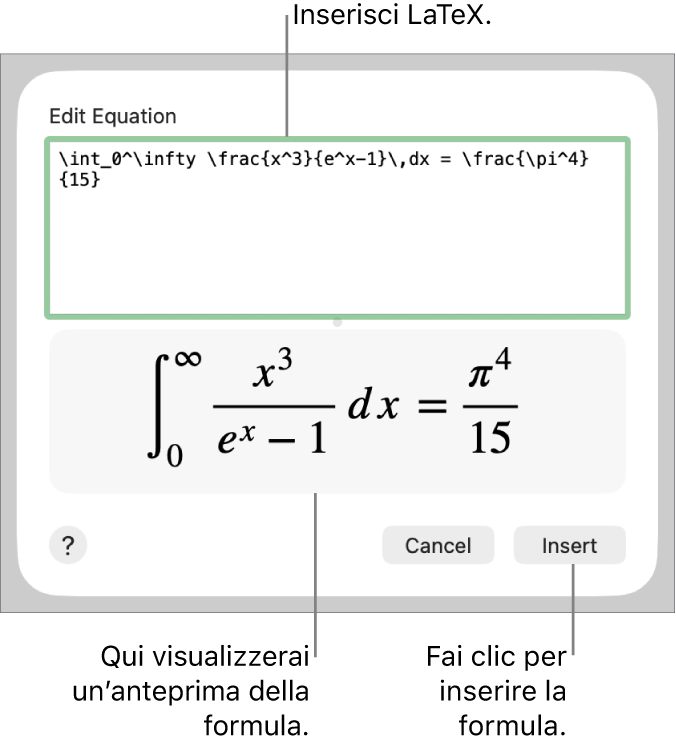La formula quadratica scritta tramite LaTeX nel campo Equazione e un’anteprima della formula sotto.