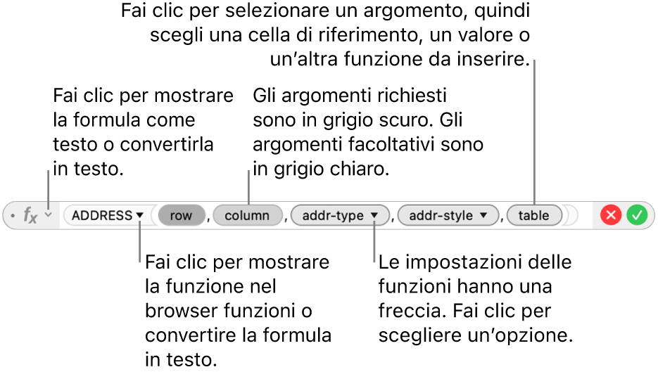 “Editor formule” con la funzione INDIRIZZO e i token degli argomenti corrispondenti.