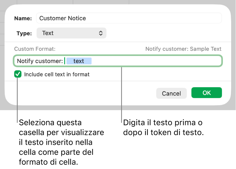 Formato di celle di testo personalizzato.