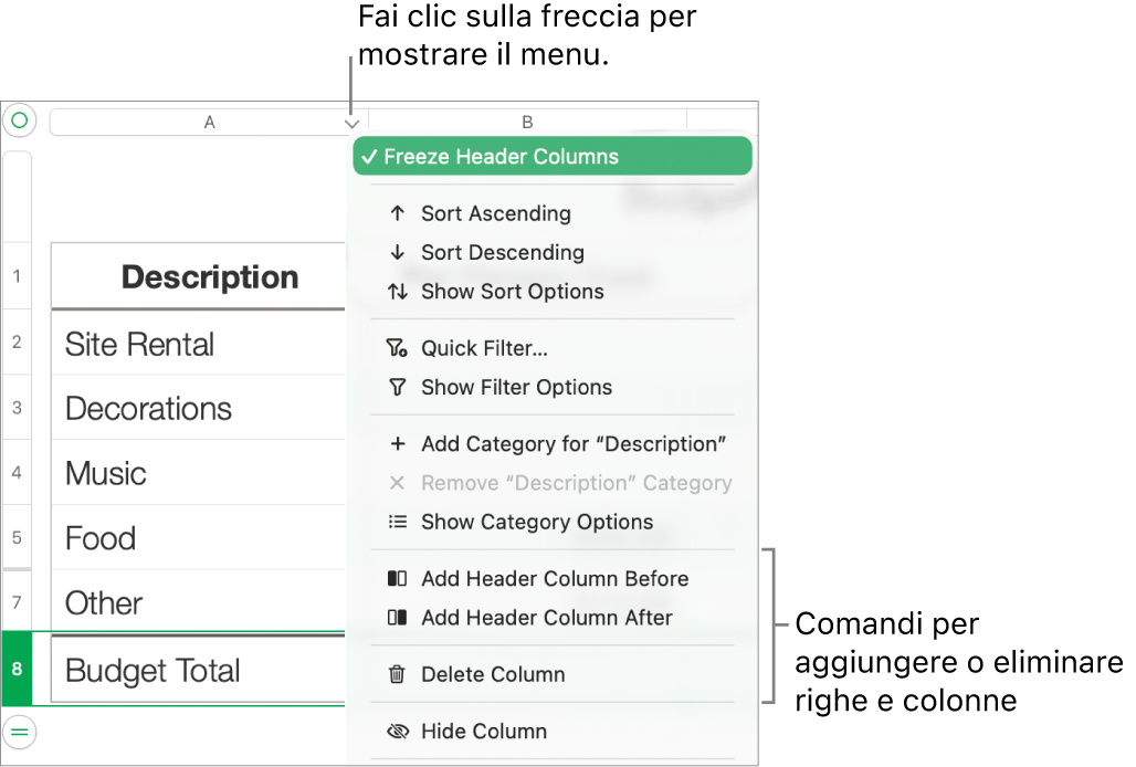 Menu della colonna della tabella con i comandi per aggiungere o eliminare righe e colonne.